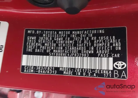 2018 Toyota Corolla Le z USA, uszkodzony, nr VIN 5YFBURHE4JP832983